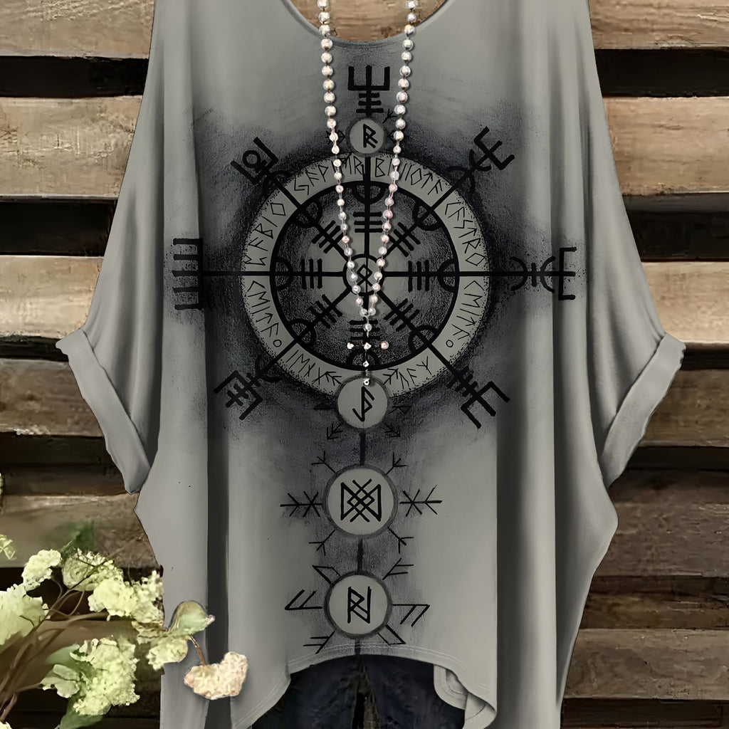 [Plus Size Celestial T-Shirt] Women's Plus Size Celestial Star & Rune Design All-Over Print T-Shirt | Relaxed Fit Round Neck Short Sleeve | Machine Washable Casual Elegant Top for All Seasons