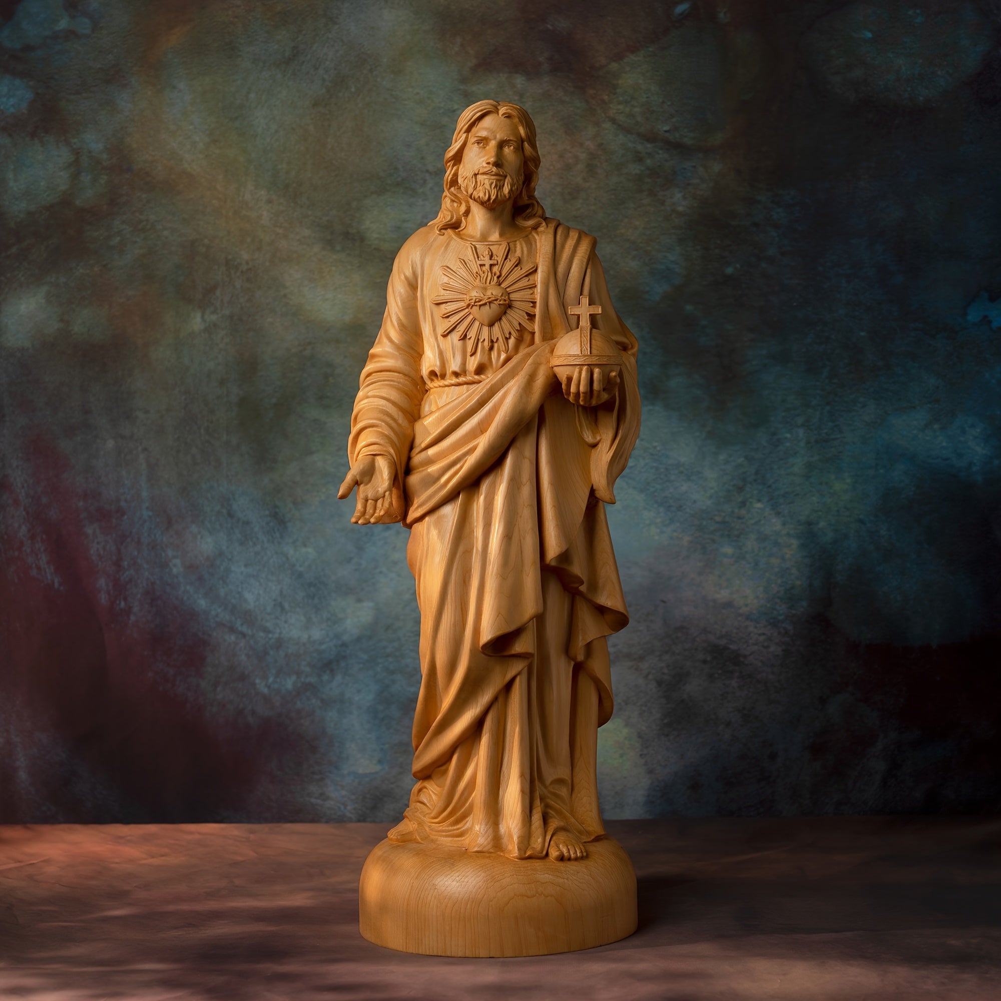 1pc Hand Carved Boxwood Jesus Sacred Heart Statue, Indoor Home Living Room Bedroom Decoration, Christian Gift Art Statue