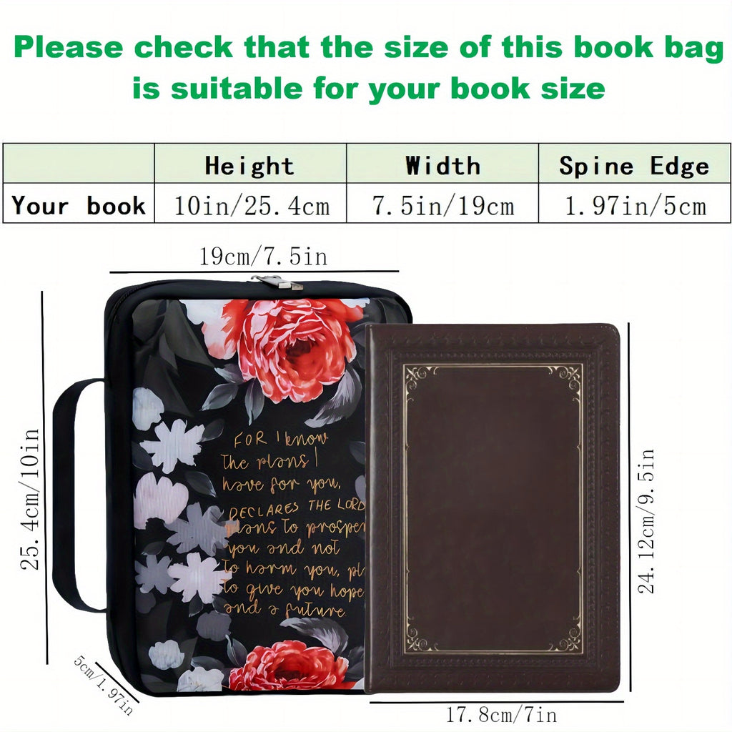 Floral Polyester Bible Cover with Handle, Carrying Organizer Bag, Christian Study Bible Case with Pockets and Bookmark - Protective Scripture Tote for Girls and Women