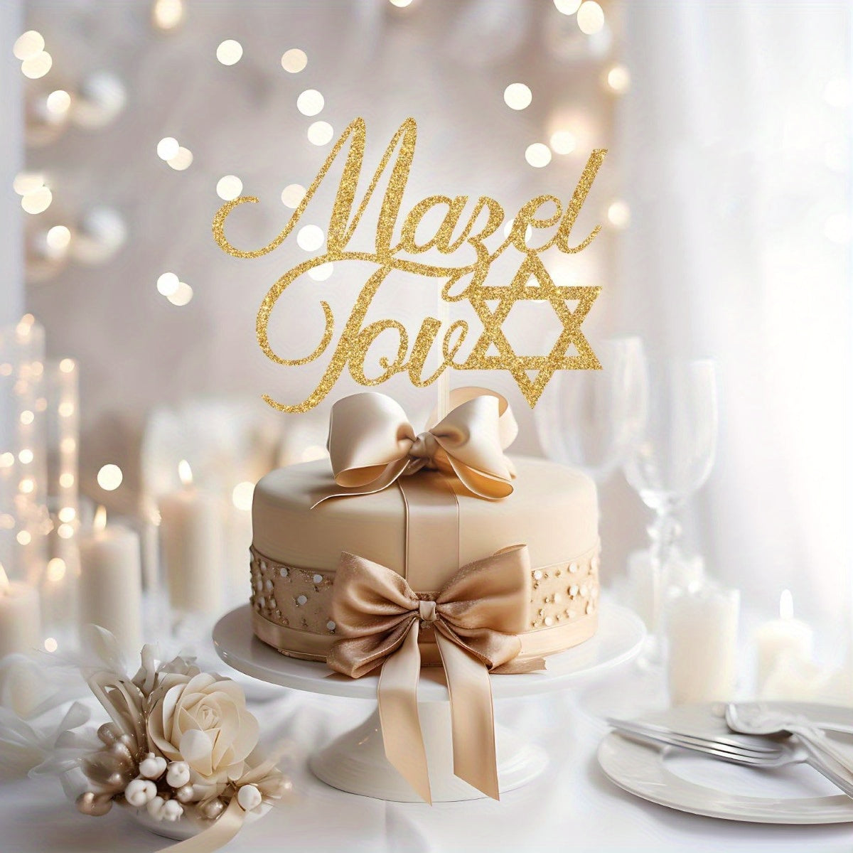 1 Pack Mazel Tov Cake Topper, Bar Mitzvah, Jewish Birthday Chanukah Holiday Decorations, Congratulations Hanukkah Party Decoration Supplies, Golden Glitter