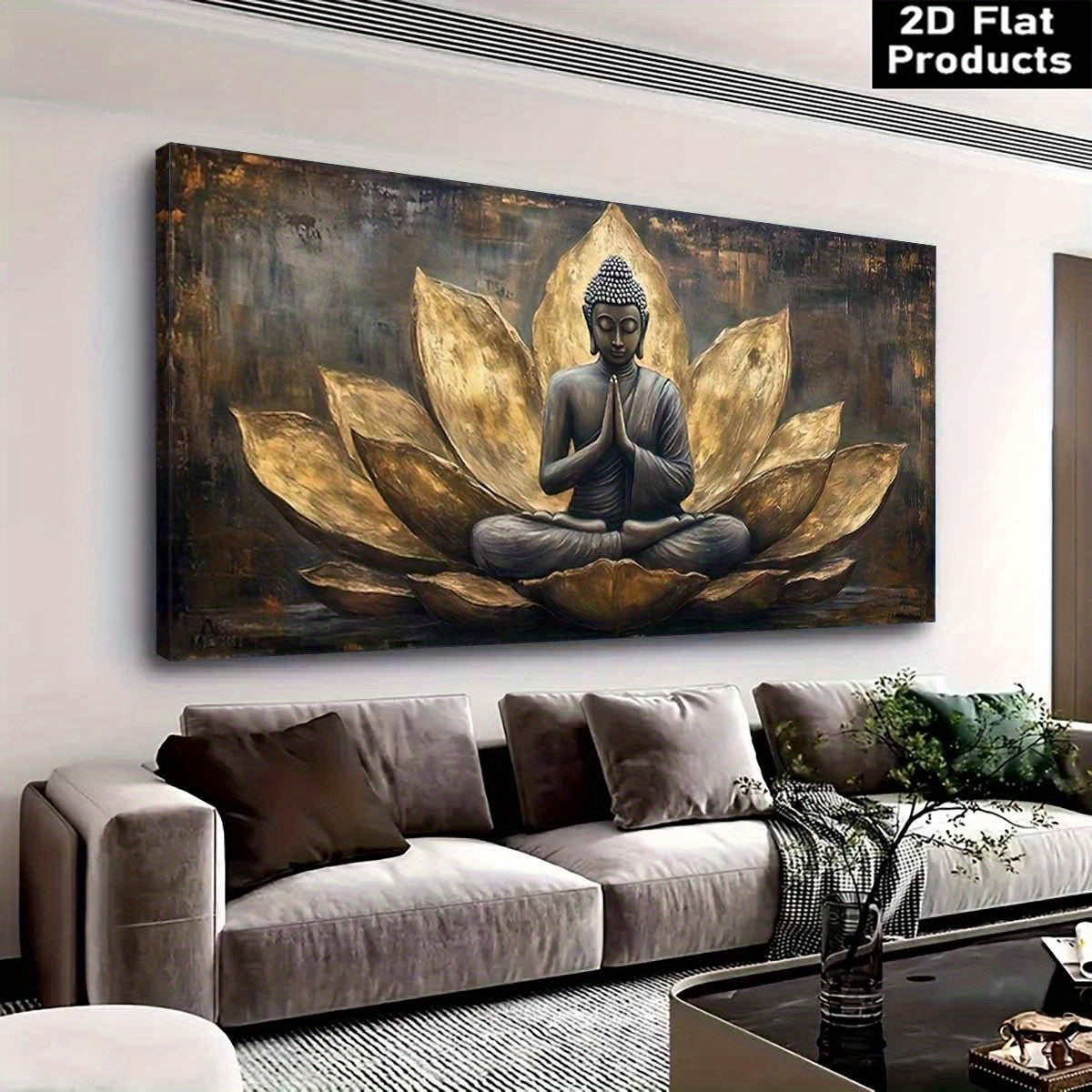[2D Flat]A Thick Wooden Framed Canvas Artwork, Buddha Meditation for Lotus High Quality Wall Art Printed Poster Can Be Hung Directly, Pine Frame, Suitable for Living Room Decor or Yoga Room Decoration.Bedroom Art, 2D Flat