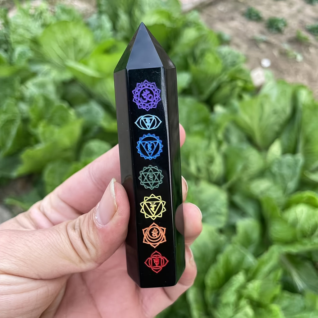 Seven Chakra Obsidian Rune Pillar - Hexagonal Crystal Tower, Gemstone for Home And Office Decoration