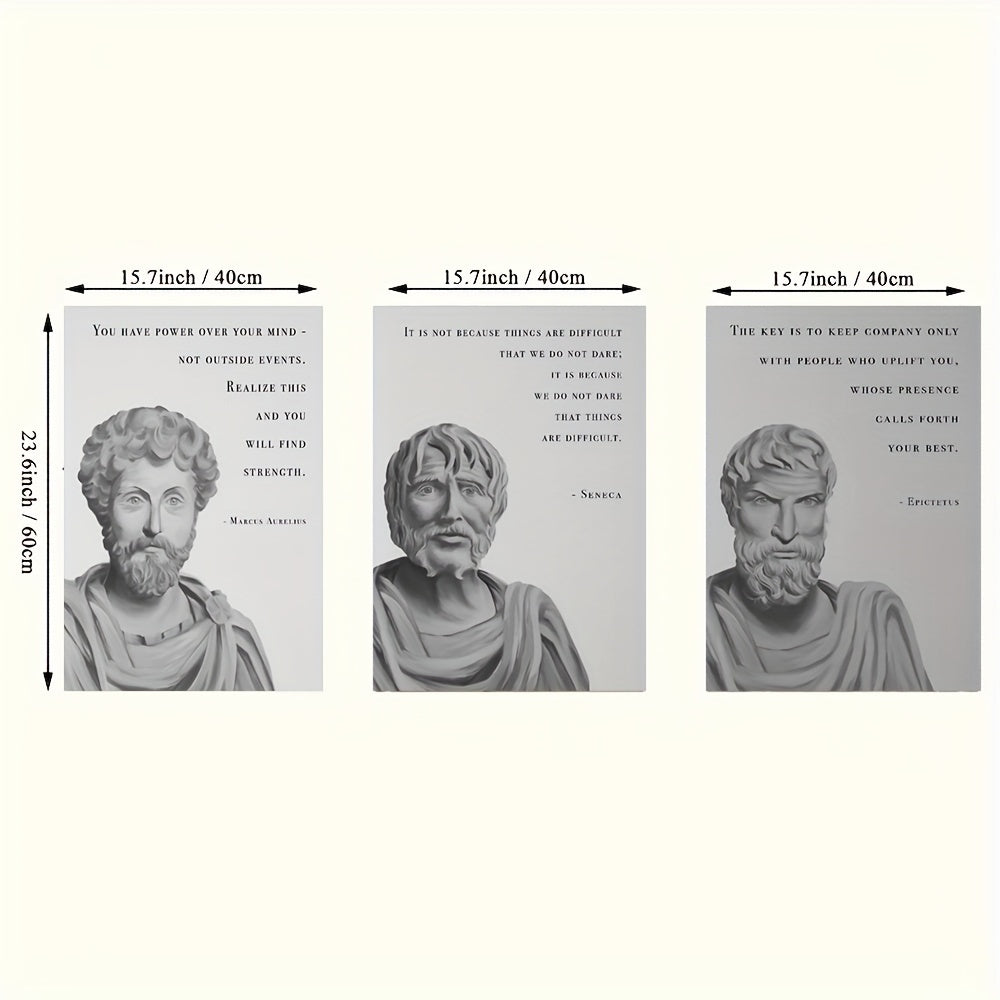 Stoic Philosophy Quotes Canvas Wall Art - 3 Piece Inspirational Seneca, Marcus Aurelius, Epictetus Poster Set - Frameless Portrait Canvas Prints for Living Room and Bedroom Decor - Indoor Portrait Orientation, 15.7x23.6 inche