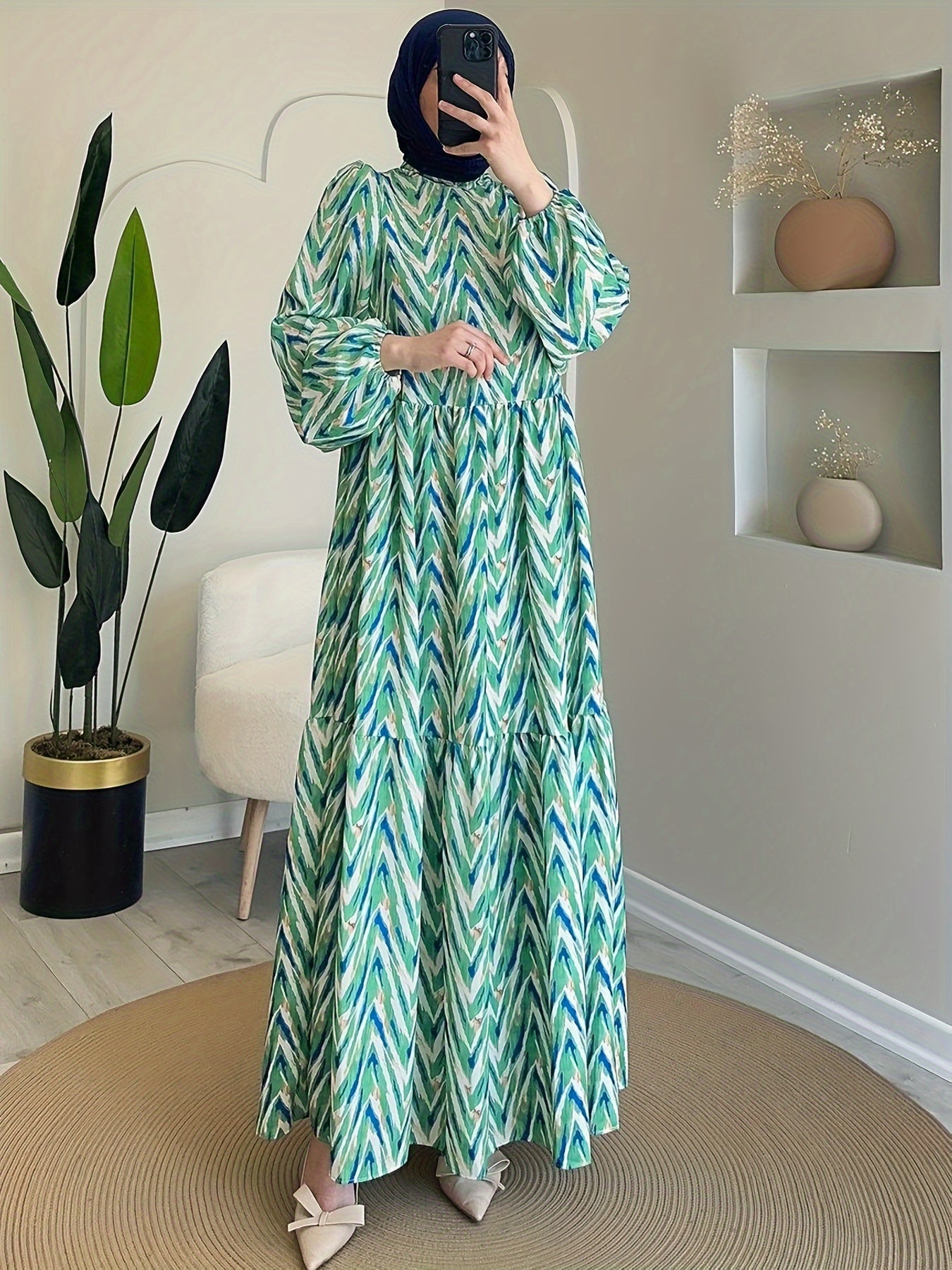Women's Middle Eastern Muslim Printed Dress, Casual Style, Color Block Pattern, Polyester 95% Spandex 5%, All Season, Woven Fabric, 180 g/m² - Headscarf Not Included