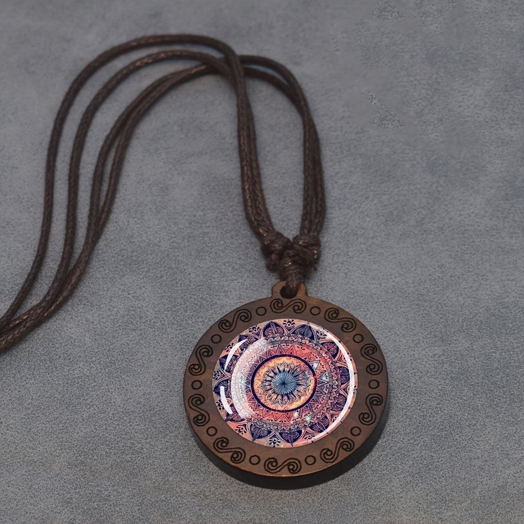 1pc Mandala Sacred Geometry Glass & Wood Pendant Necklace - Adjustable Rope Chain, Natural Wood & Glass Meditation Jewelry for Men, Gift, Spiritual Enlightenment Symbolism, Buddhist Jewelry, Artistic Design, Unique Craftsmans