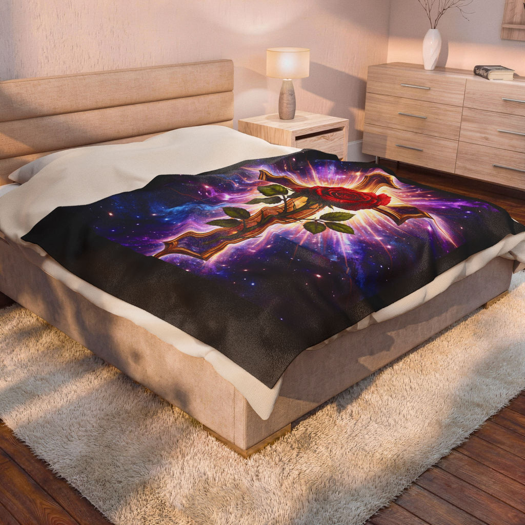 Velveteen Plush Blanket — Cosmic Rose & Cross Rosicrucian Spiritual Throw (Sacred Christian Decor)