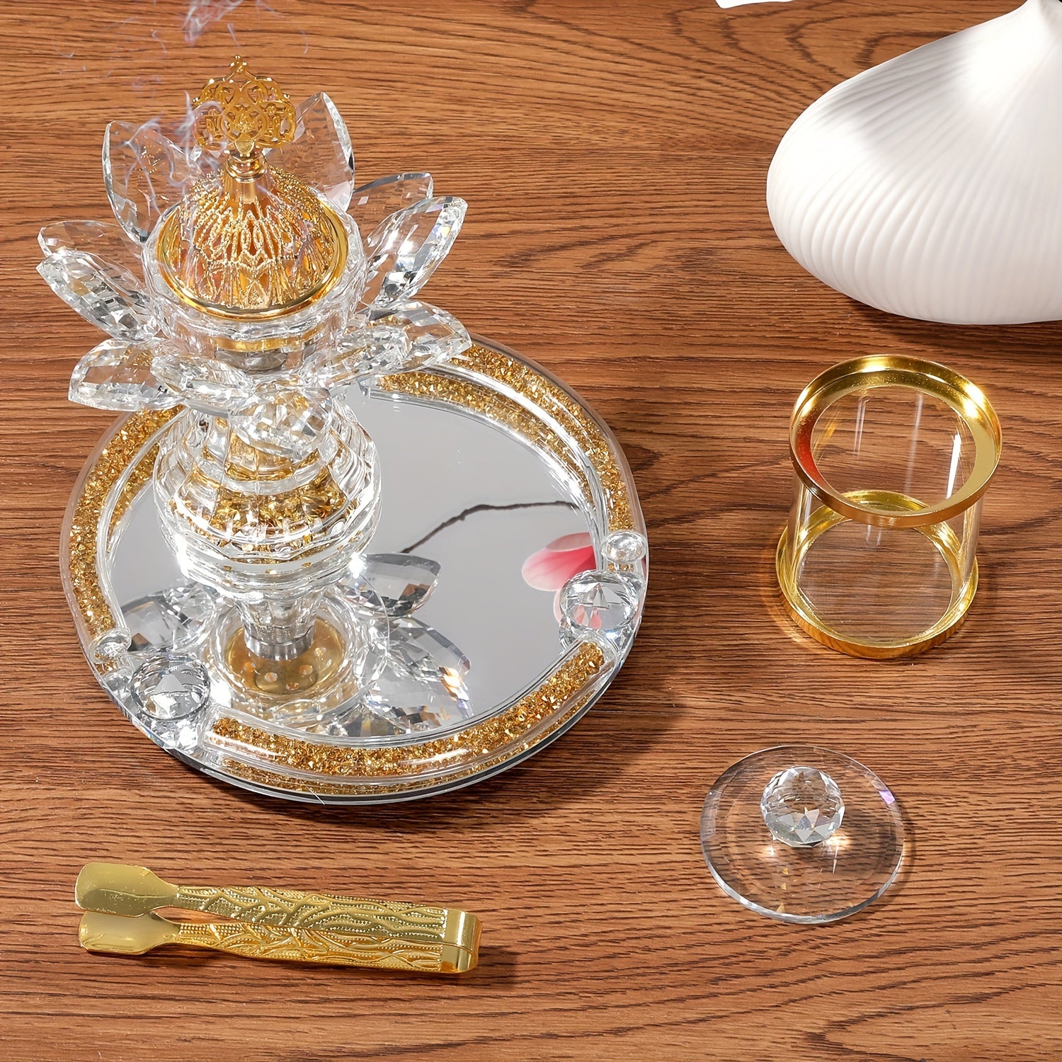 [Home Wedding Ramadan] 4pcs Crystal for Lotus Glass Incense Holder Set, Luxury Diamond Muslim Censers Sticks Hold for Home Wedding Ramadan Decoration, 2024