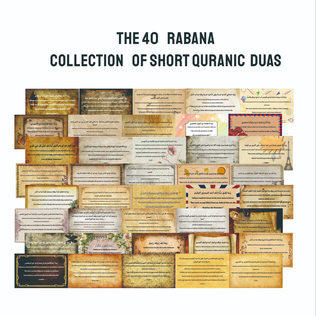 Islamic Prayer Cards - 40 Rabbana Dua Supplications | Arabic English Translation, Transliteration, Minimal Line Art, Floral Gift for Muslim