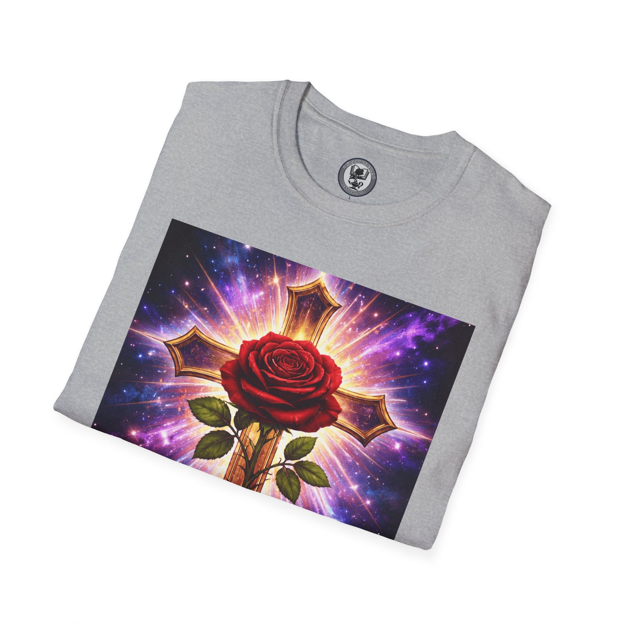Cosmic Rose Cross T-Shirt — Rosicrucian Spiritual Floral Cross Graphic Tee