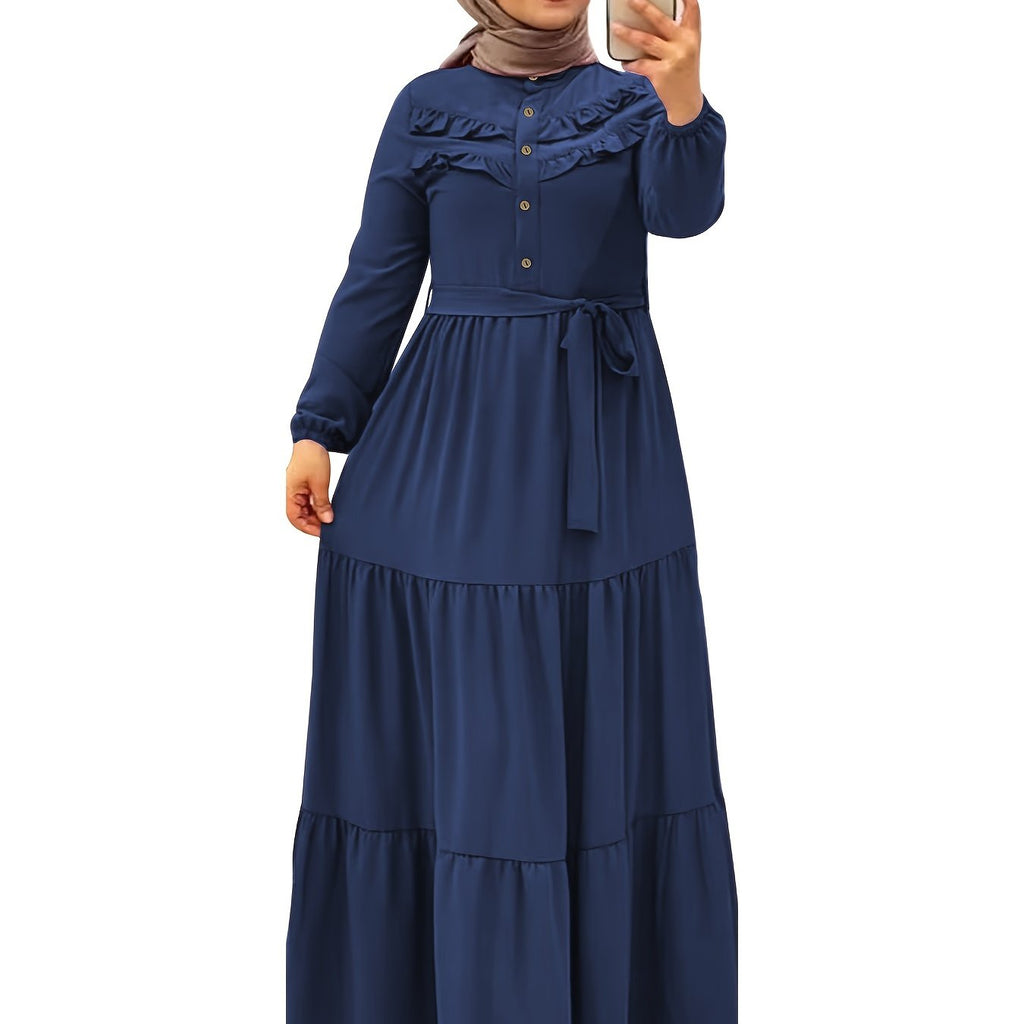 Elegant Light Green Maxi Dress for Muslim Women - Casual Solid Color with Ruffle Hem & Button Detail, Polyester Blend, Machine Washable - Hijab Not Included