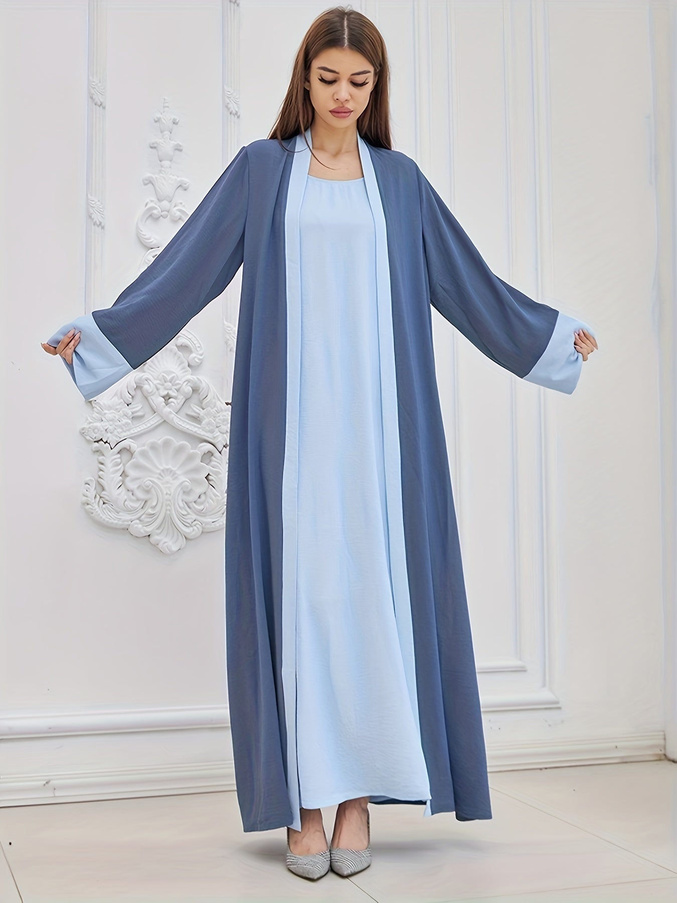 Two-piece Traditional Clothing Muslim Women's Long Loose Elegant Dress Robe Vest with Headscarf