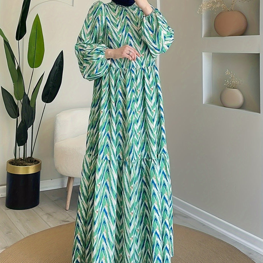 Women's Middle Eastern Muslim Printed Dress, Casual Style, Color Block Pattern, Polyester 95% Spandex 5%, All Season, Woven Fabric, 180 g/m² - Headscarf Not Included