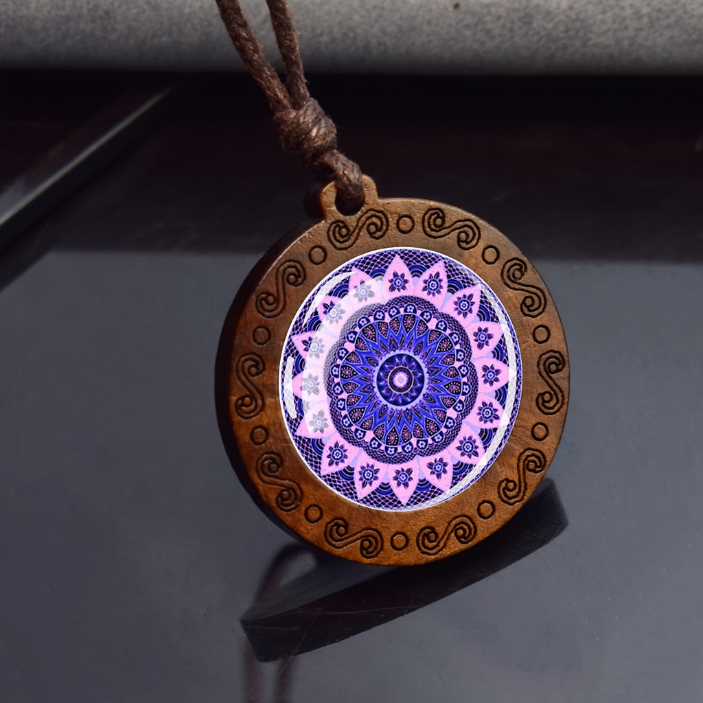 1pc Mandala Sacred Geometry Glass & Wood Pendant Necklace - Adjustable Rope Chain, Natural Wood & Glass Meditation Jewelry for Men, Gift, Spiritual Enlightenment Symbolism, Buddhist Jewelry, Artistic Design, Unique Craftsmans