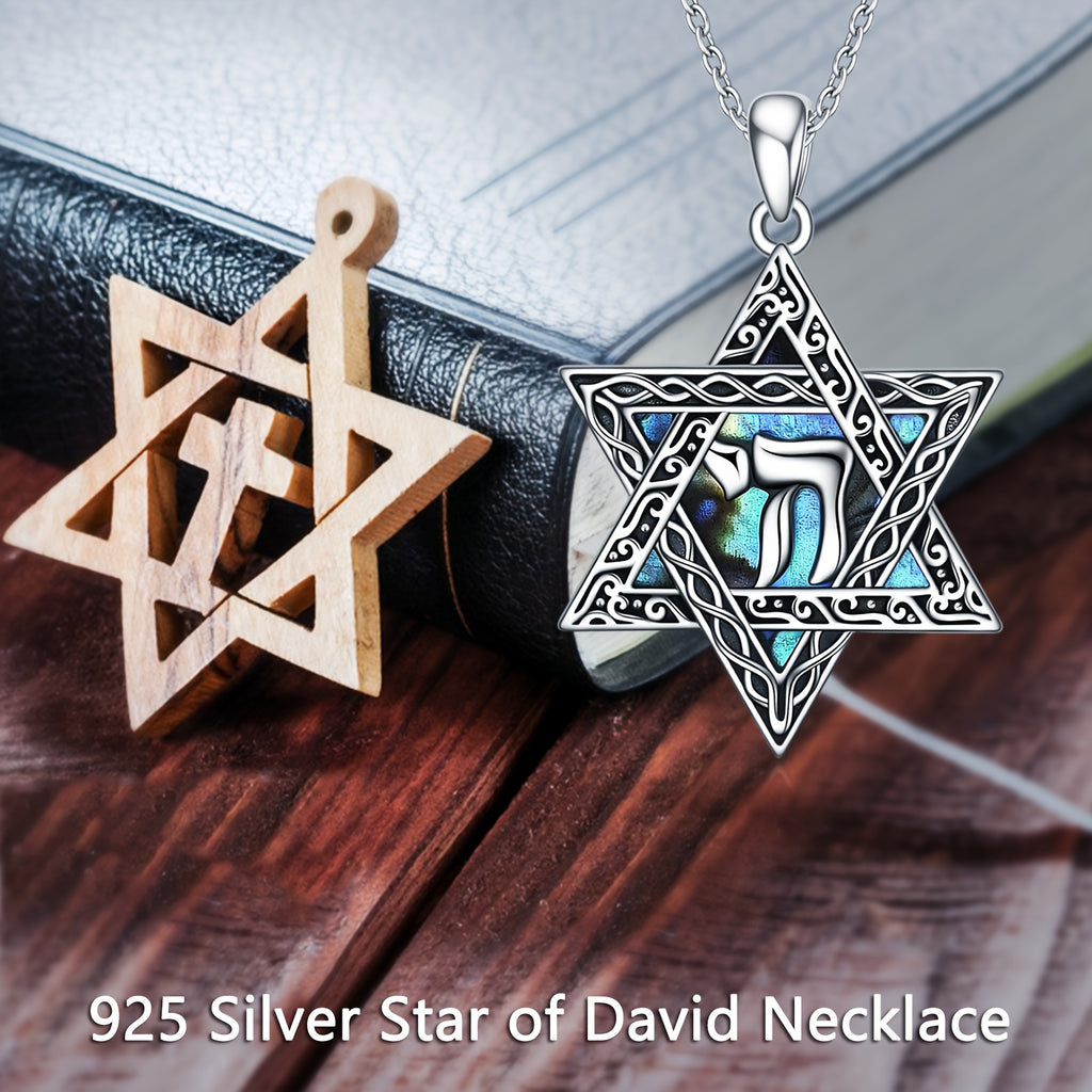 Star Of David Necklace Sterling Silver Hebrew Chai (Life) Abalone Shell Pendant Jewish Token Jewelry