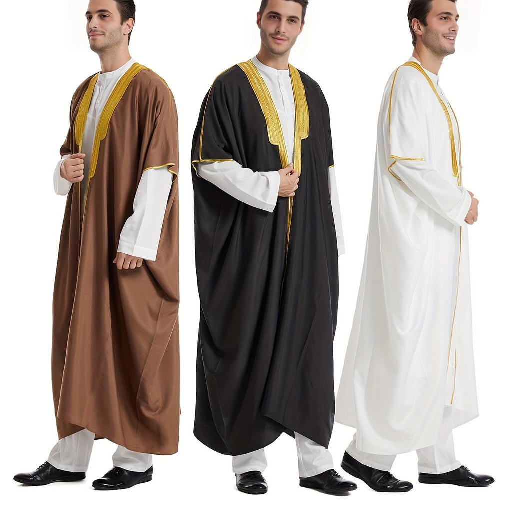 Men's Muslim Ethnic Style Golden Stripe Pattern Long Sleeve Scholar Robe With Open Placket, Suitable For Height Between 168 To 72.83 Inch, Chic And Stylish For Formal Occasions
