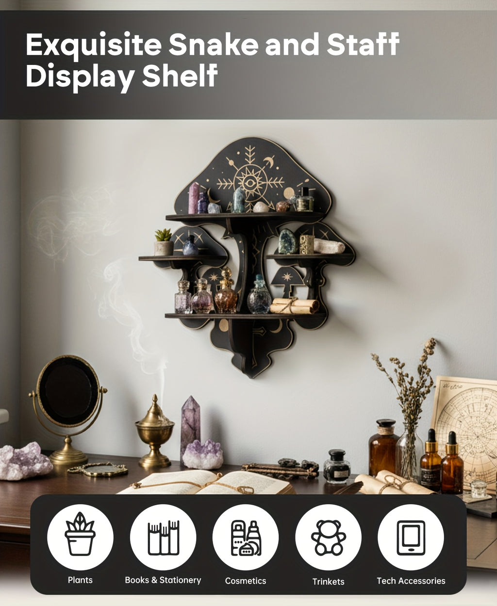 Wooden Mushroom Floating Shelves, Crystal Display Shelf for Wall, Wiccan Incantation Mushroom Wall Decor,  Gem Stone Storage Organizer, Essential Oil Holder Hanging Case, Meditation Art Spiritual Gift