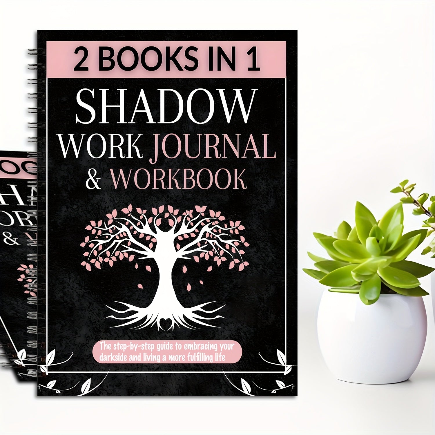 2 Books in 1: Shadow Work Journal & Guide for Beginners - Spiral Bound Undated Psychological Shadow Work Notebook with Dark Tree & Pink Blossoms Design, Self-Help Exercises to Integrate & Transcend Shadows, Daily Reflections