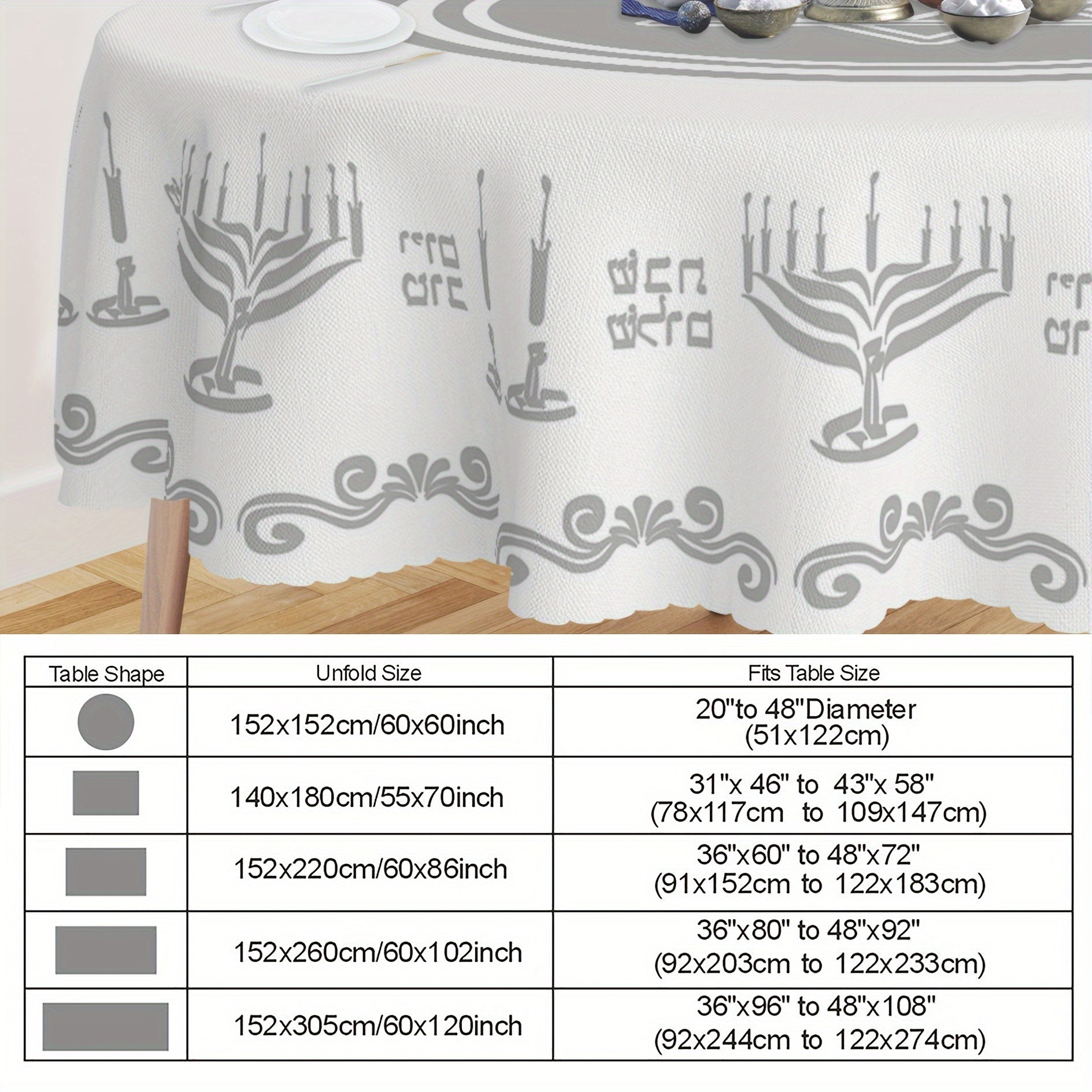 Silvery Hanukkah Tablecloth, Elegant White And Round Large Rectangle Size with Menorah Design for Passover, Shabbat Shalom And Jewish Festivals, Ideal for Indoor/ Outdoor Hanukkah Parties & Home Decorations