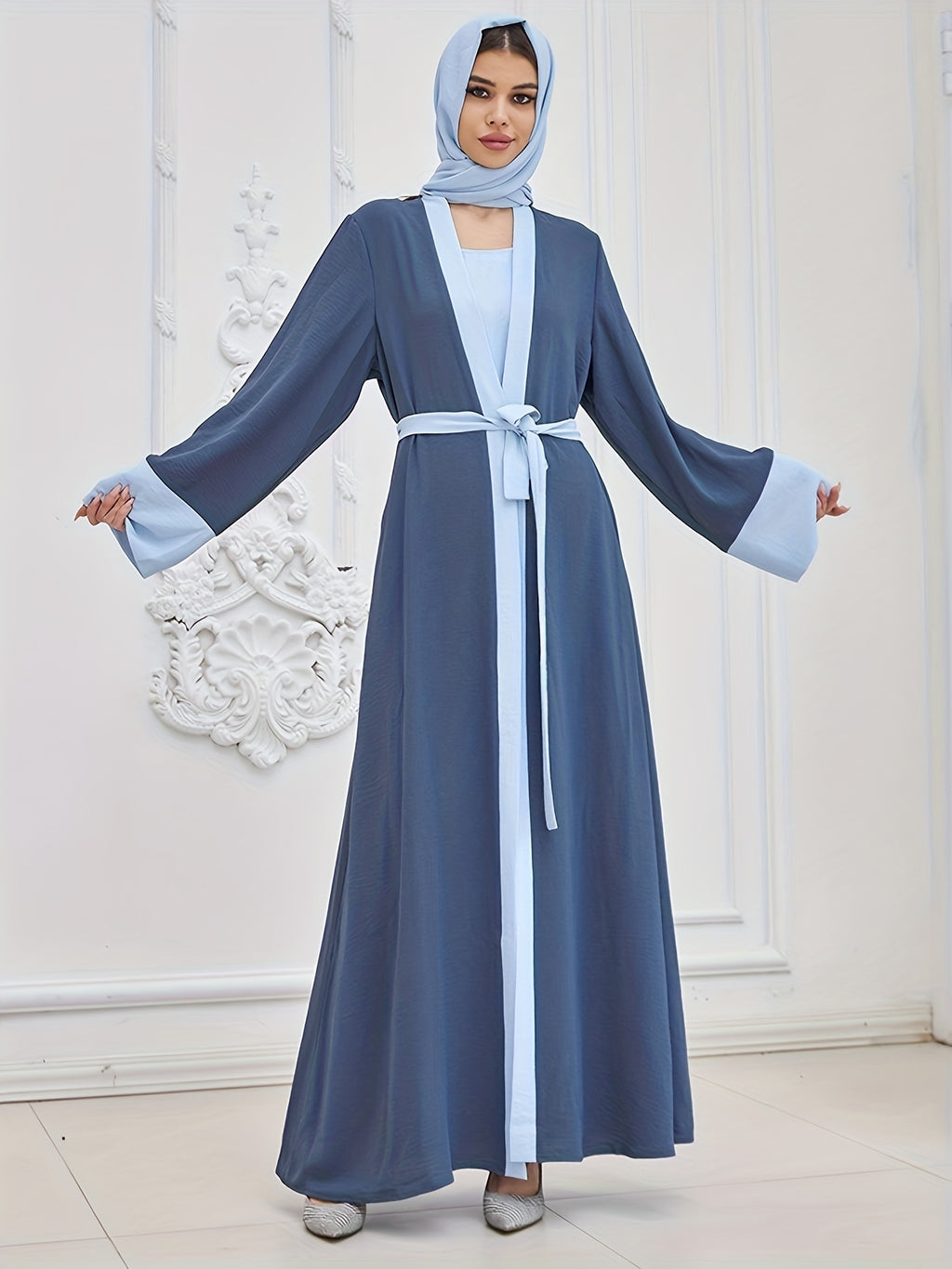Two-piece Traditional Clothing Muslim Women's Long Loose Elegant Dress Robe Vest with Headscarf