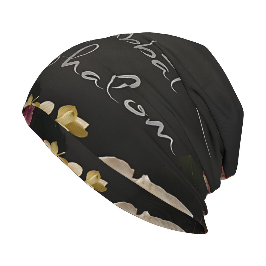 Shabbat Shalom Floral Jewish Skull Cap Beanie, Funky Style Knit Fabric Hat, Lightweight Polyester & Spandex Blend, with Slight Stretch, for Men and Women