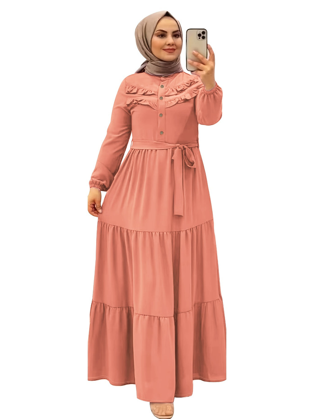 Elegant Light Green Maxi Dress for Muslim Women - Casual Solid Color with Ruffle Hem & Button Detail, Polyester Blend, Machine Washable - Hijab Not Included