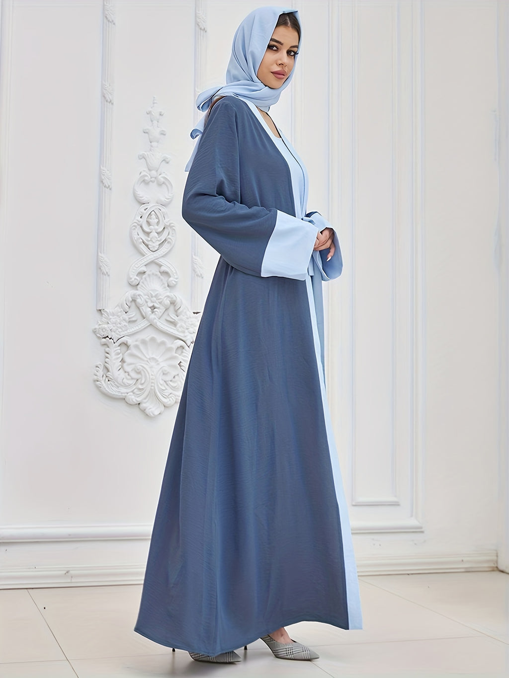 Two-piece Traditional Clothing Muslim Women's Long Loose Elegant Dress Robe Vest with Headscarf