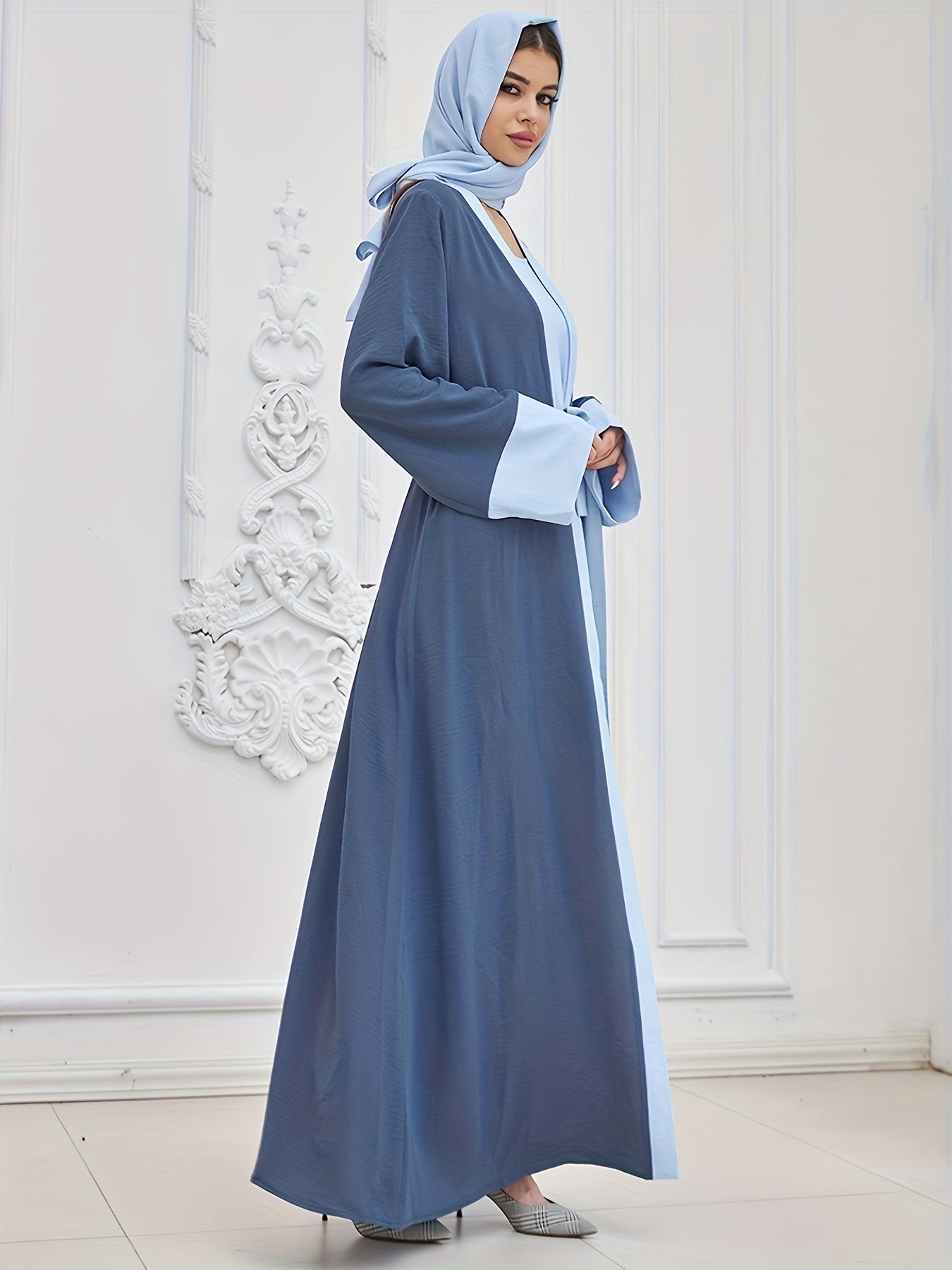 Two-piece Traditional Clothing Muslim Women's Long Loose Elegant Dress Robe Vest with Headscarf