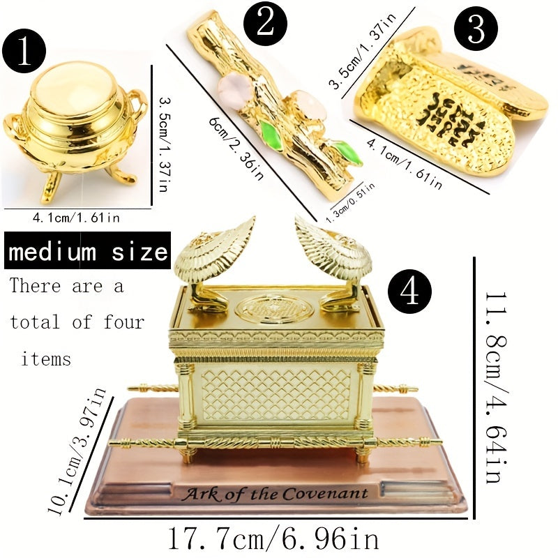 4-Piece Traditional Metal Ark of the Covenant Set - Home Decor Replicas, Jewish Religious Statues, Golden Jars, Aaron's Rod, Mana Pot, Rattan Staff - Suitable for Easter, Halloween, Hanukkah, Independence Day, Universal Holid