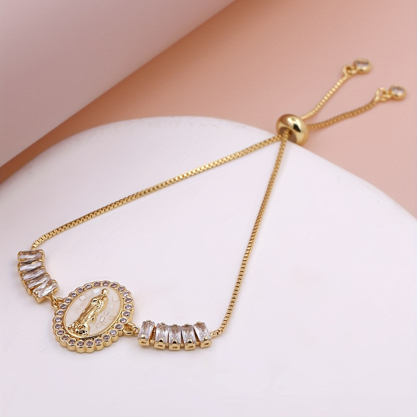 1pc Elegant White Shell Virgin Mary Adjustable Tennis Chain Link Bracelet for Men & Women, Christian Religious Round Jesus Virgin Mary Charms Jewelry