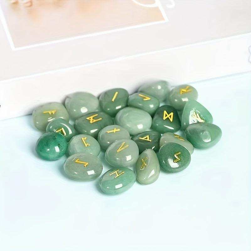 A Set of Crystal Agate Runes Featuring Viking Designs, with Intricately Carved Letters. This Collection Includes 25pcs of Futhark Rune Stones Made from Polished Gems