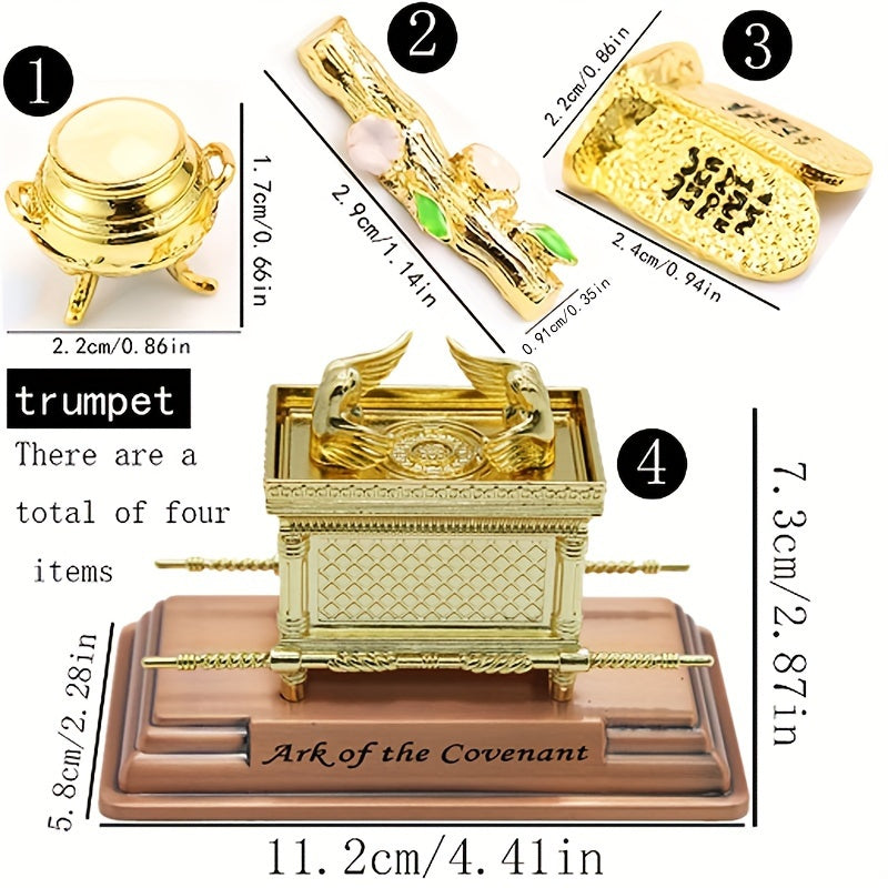 4-Piece Traditional Metal Ark of the Covenant Set - Home Decor Replicas, Jewish Religious Statues, Golden Jars, Aaron's Rod, Mana Pot, Rattan Staff - Suitable for Easter, Halloween, Hanukkah, Independence Day, Universal Holid
