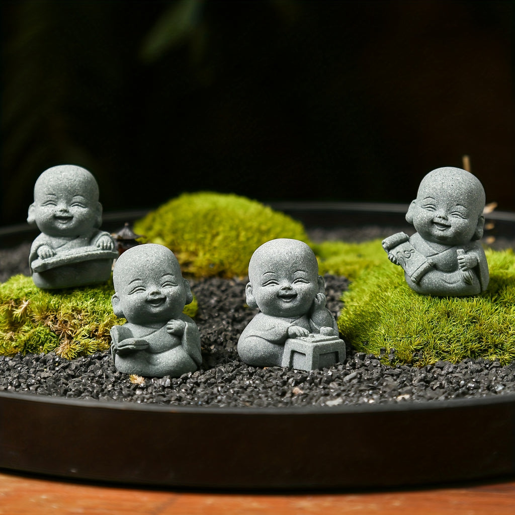 4pcs, Cute Smiling Little Buddha Statue, Monk, for Living Room/Yoga Room/Tea Table/Outdoor Garden/Moss Flower Pot/Fish Tank Decoration, Beautiful and Peaceful/Soothing Decoration, Creative Small Gift, Housewarming Gift