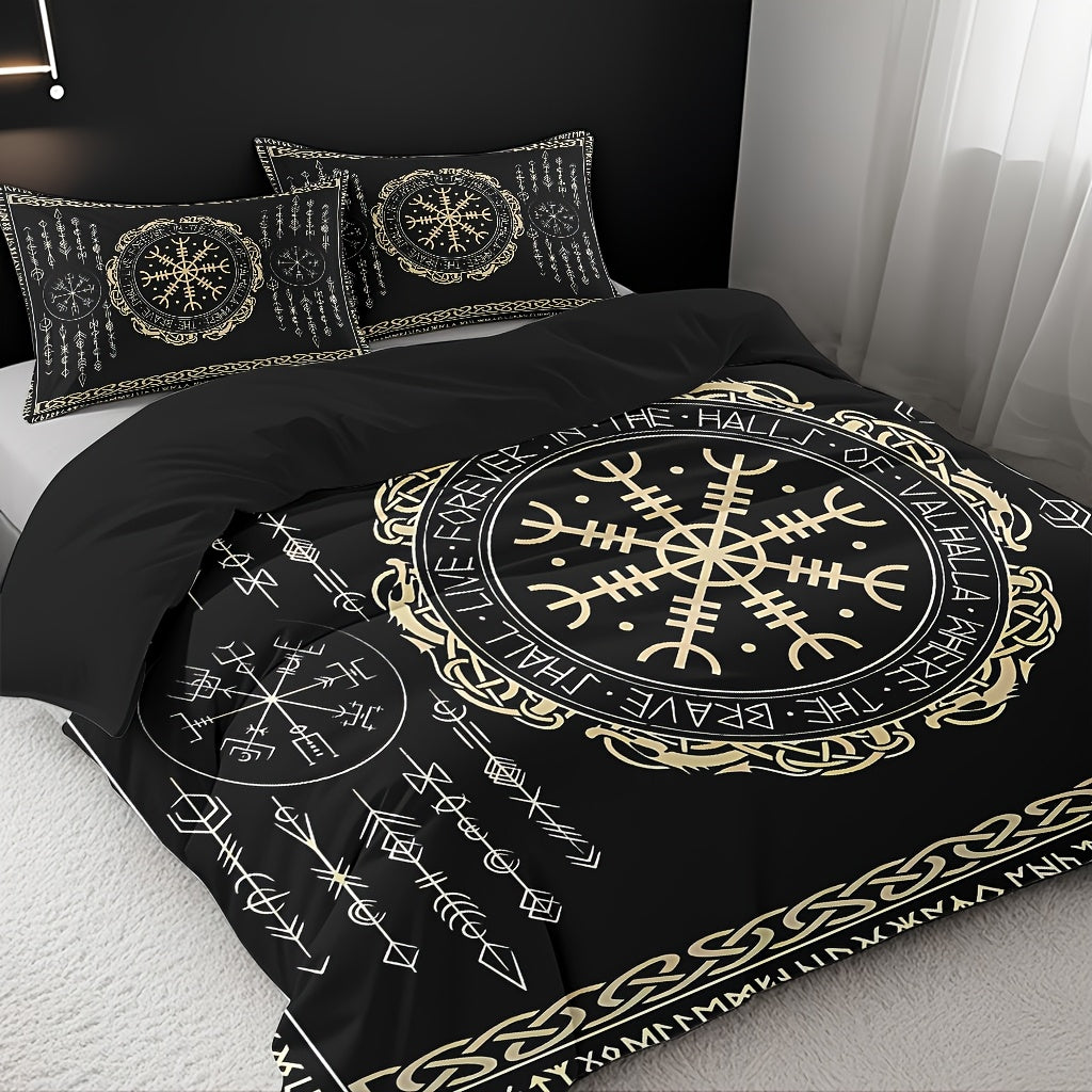 3pcs Comfortable Nordic Rune Theme Duvet Cover Set, Soft High-Definition Digital Print Perfect Gift, Soft Breathable 100% Polyester, All-Season, Family And Friends Gift, Machine Washable (1 Duvet Cover + 2 Pillowcases, No Fil