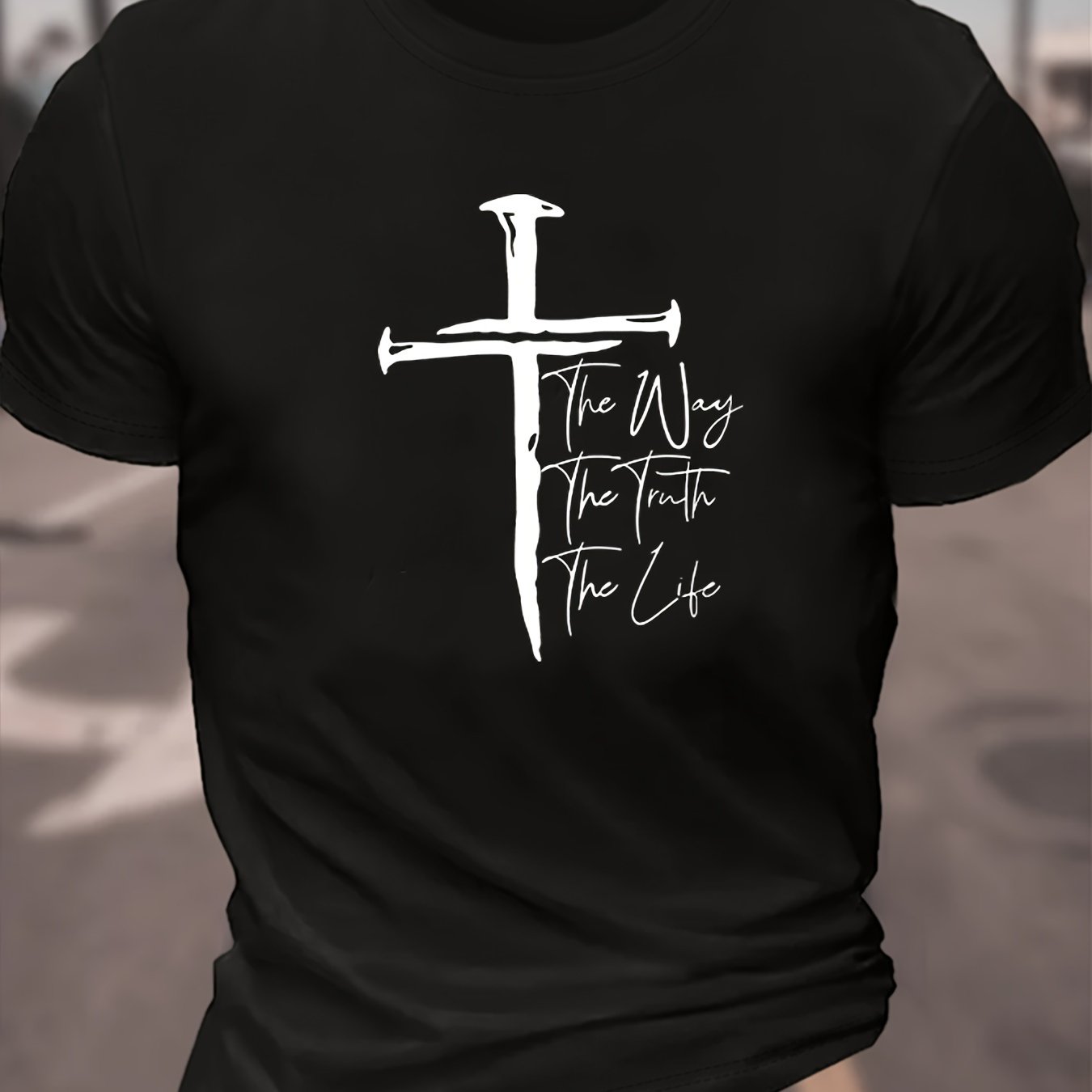 Creative Christian Cross Graphic Print Casual Crew Neck Short Sleeve T-shirt For Men, Comfy Casual Summer T-Shirt For Daily Wear Work Out And Vacation Resorts
