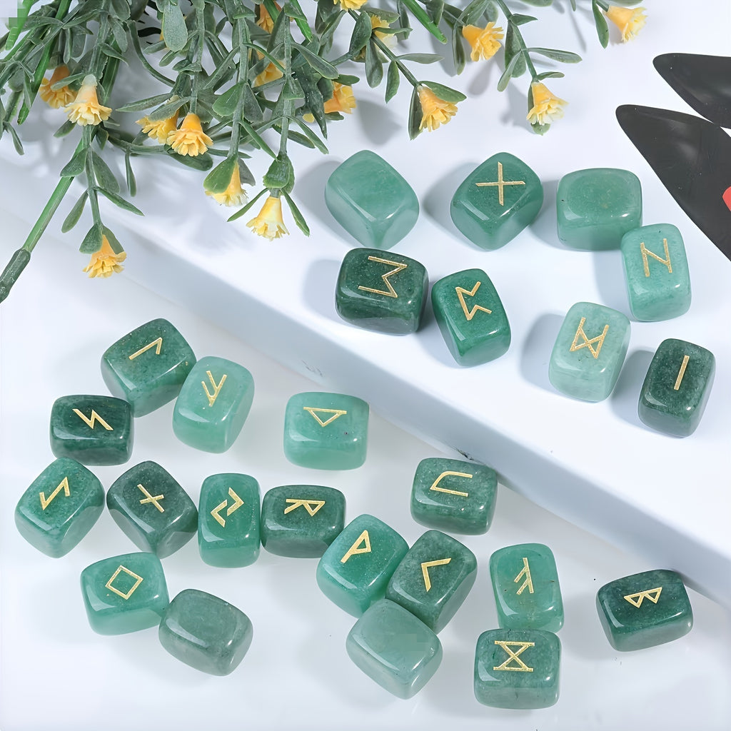 A Nordic Rune Set Featuring Crystal Rune Stones, Including 25 Rune Stones, a Pendant, And a Carved Wooden Board. Elegant And Exquisite