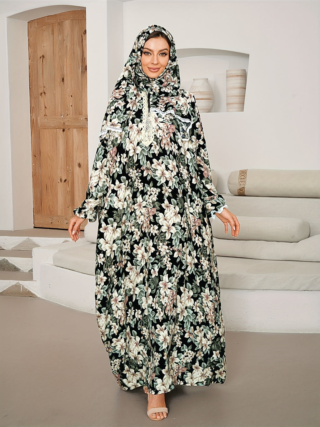 Ramadan Elegant Two-piece Set - Floral Print Maxi Length Kaftan Dress & Lace Trim Khimar Hijab - For Women - Suitable for Ramadan & Special Occasions - Perfect Gift for Muslim Women