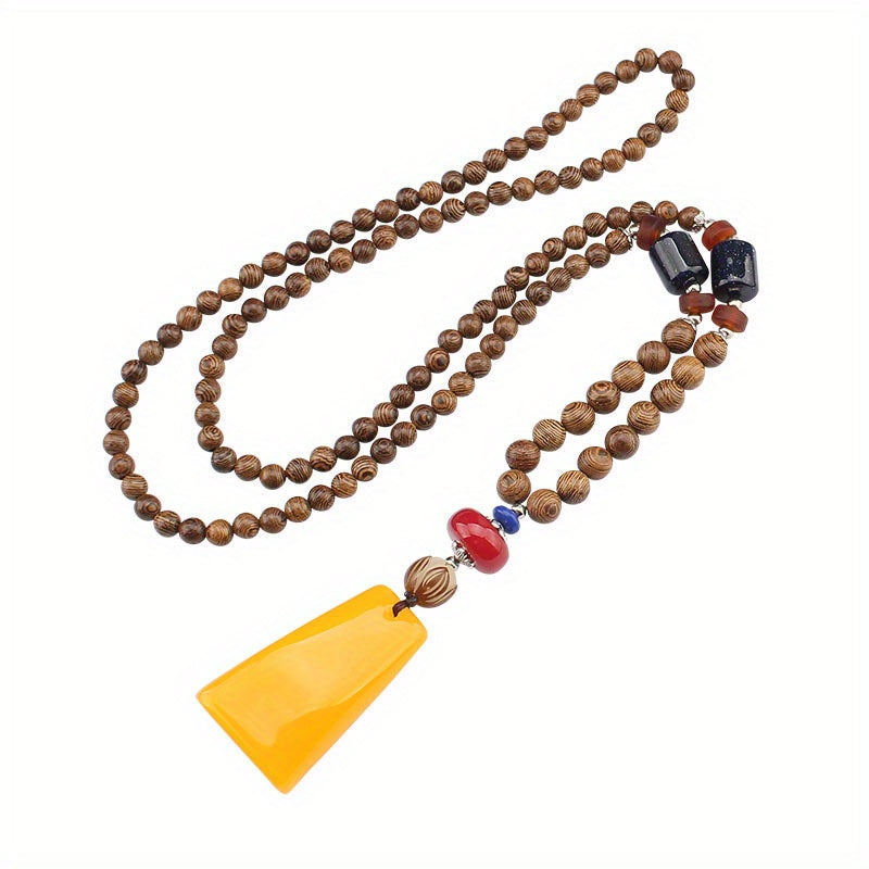 Bohemian Ethnic Wooden Buddha Bead Necklace for Men & Women - Natural Wood & Water Buffalo Turquoise Beads, Handcrafted Retro Unisex Jewelry for Daily Wear, Vacations, Unique Gift Idea