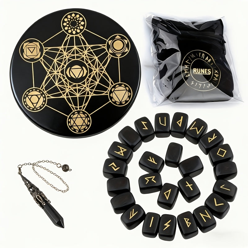 A Nordic Rune Set Featuring Crystal Rune Stones, Including 25 Rune Stones, a Pendant, And a Carved Wooden Board. Elegant And Exquisite