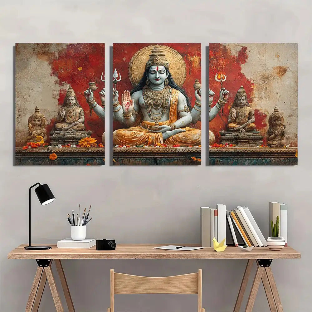 [2D Flat] A Set of Three Decorative Paintings Featuring Hindu Deities, Framed in Wood, with a Vibrant Red Backdrop Showcasing, Vishnu, And Brahma. This Modern Aesthetic Artwork Measures 15.7X23.6 inch And Is Perfect for Enhan