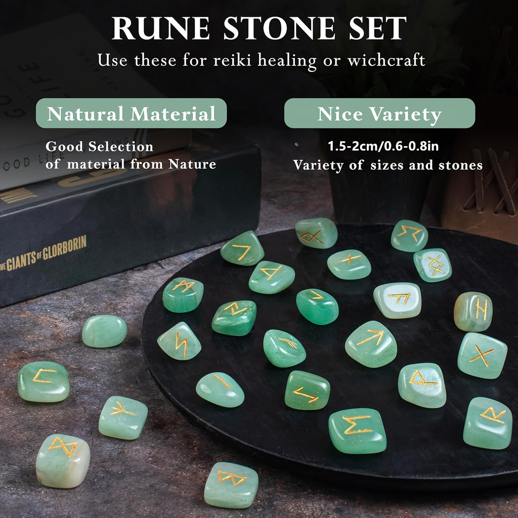 A Set of Crystal Agate Runes Featuring Viking Designs, with Intricately Carved Letters. This Collection Includes 25pcs of Futhark Rune Stones Made from Polished Gems