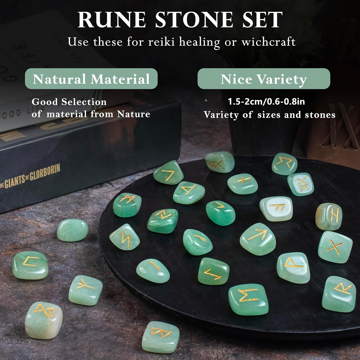 A Set of Crystal Agate Runes Featuring Viking Designs, with Intricately Carved Letters. This Collection Includes 25pcs of Futhark Rune Stones Made from Polished Gems