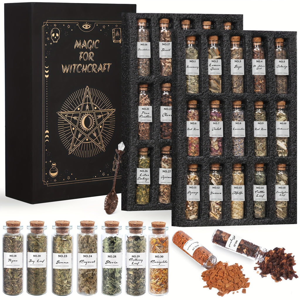 30pcs Dried Herbs And 1 Crystal Spoon Kit for Beginners Witchcraft Kit - Witchy Gifts, Wiccan Herbs And Supplies, Spell Kits for Witches - Altar Supplies Herbs for Wicca, Pagan Magic Spells, Rituals And Bath Soap/Candle Mothe