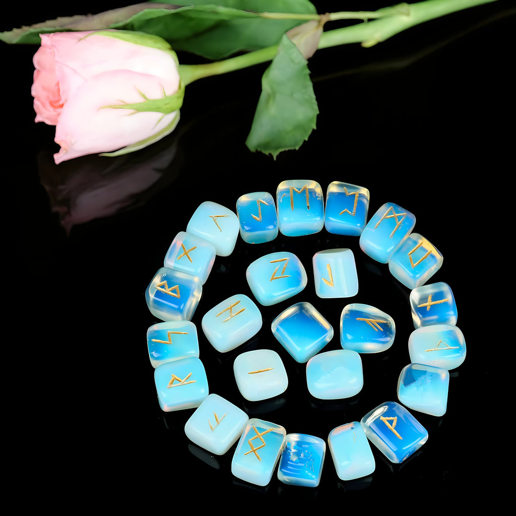A Nordic Rune Set Featuring Crystal Rune Stones, Including 25 Rune Stones, a Pendant, And a Carved Wooden Board. Elegant And Exquisite