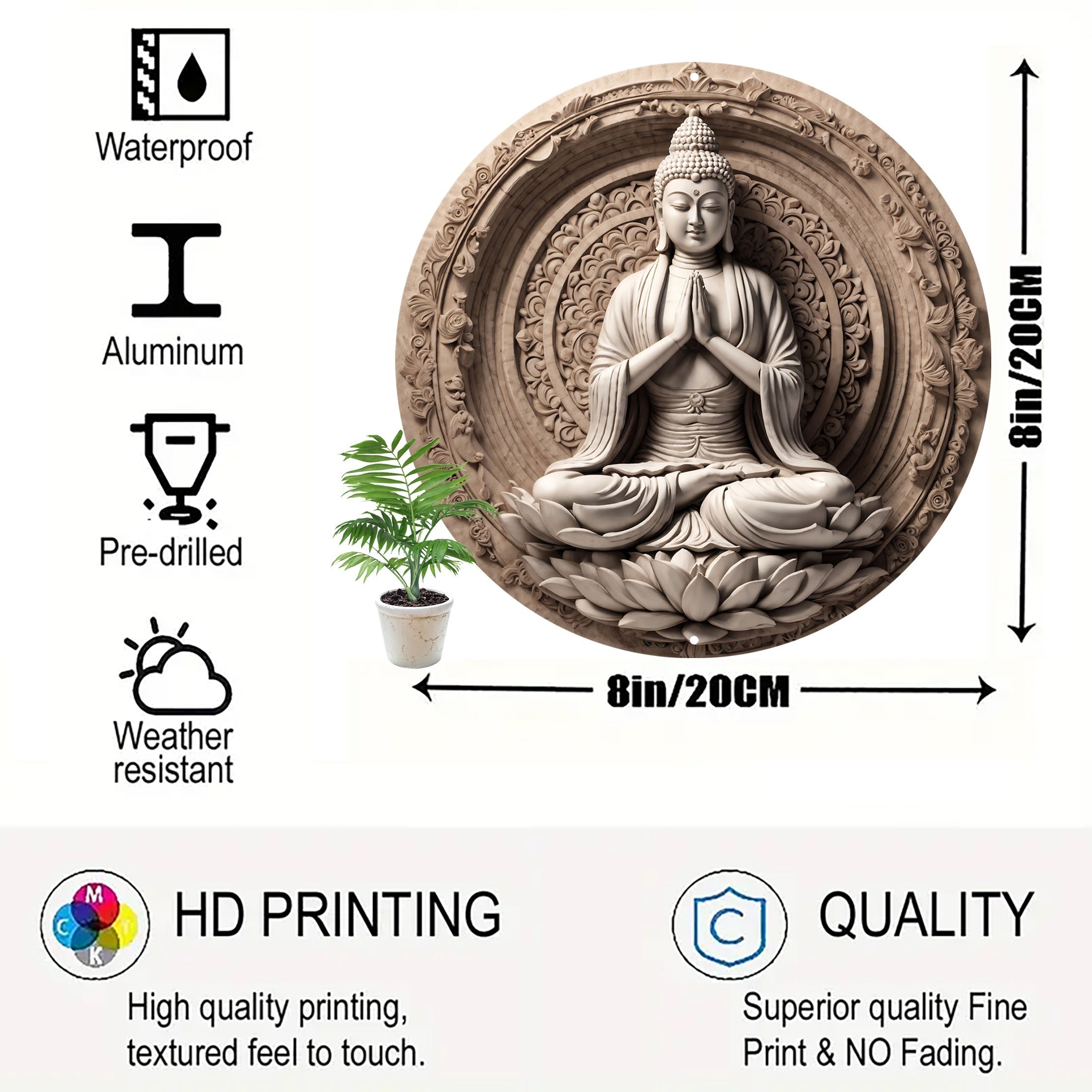 8X8" Buddha Bodhisattva Aluminum Wall Art - Unique Home & Bathroom Decor