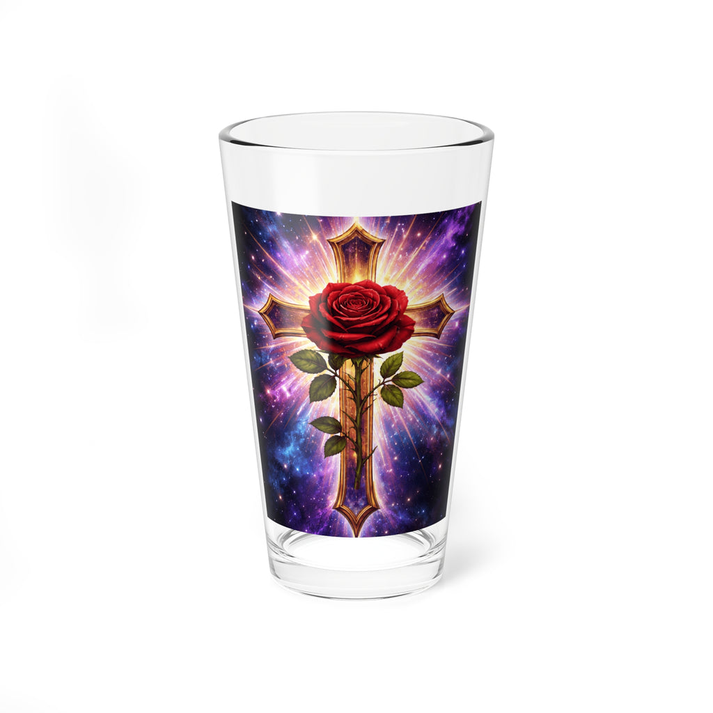 16oz Glass with Rose & Radiant Cross Design — Spiritual Rosicrucian Gift