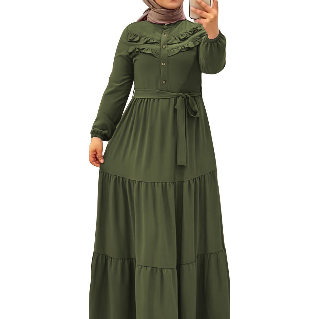 Elegant Light Green Maxi Dress for Muslim Women - Casual Solid Color with Ruffle Hem & Button Detail, Polyester Blend, Machine Washable - Hijab Not Included
