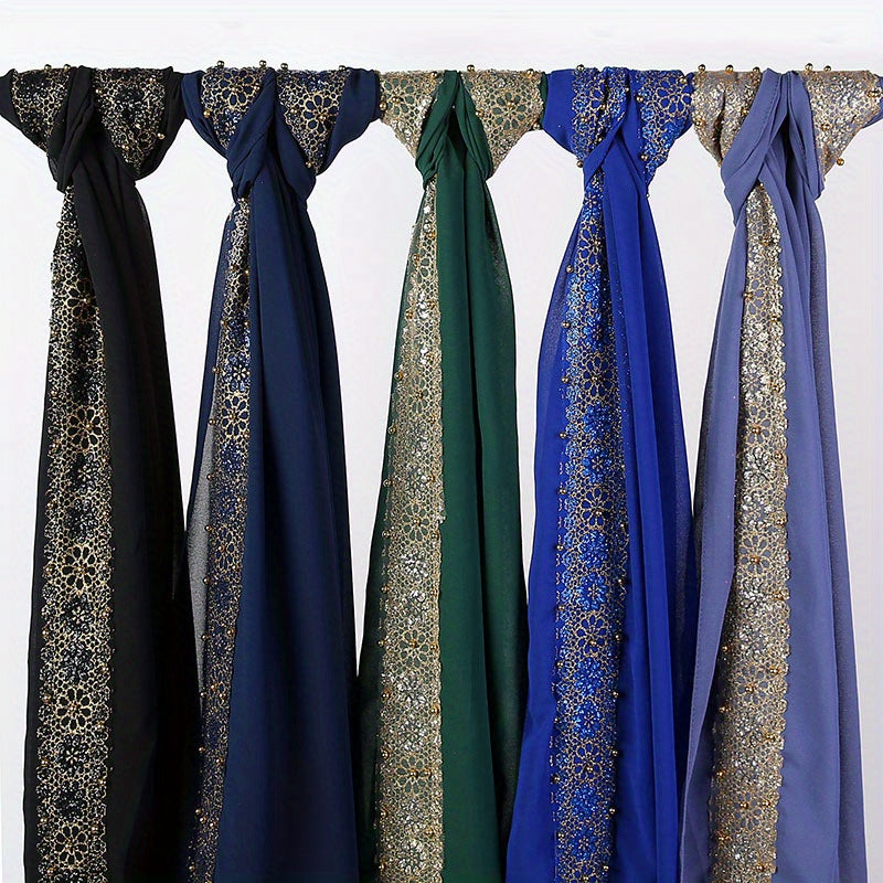 Summer Chiffon Women's Headscarf with Beaded Fringe, Muslim Hijab Long Scarf, Fashion Scarf
