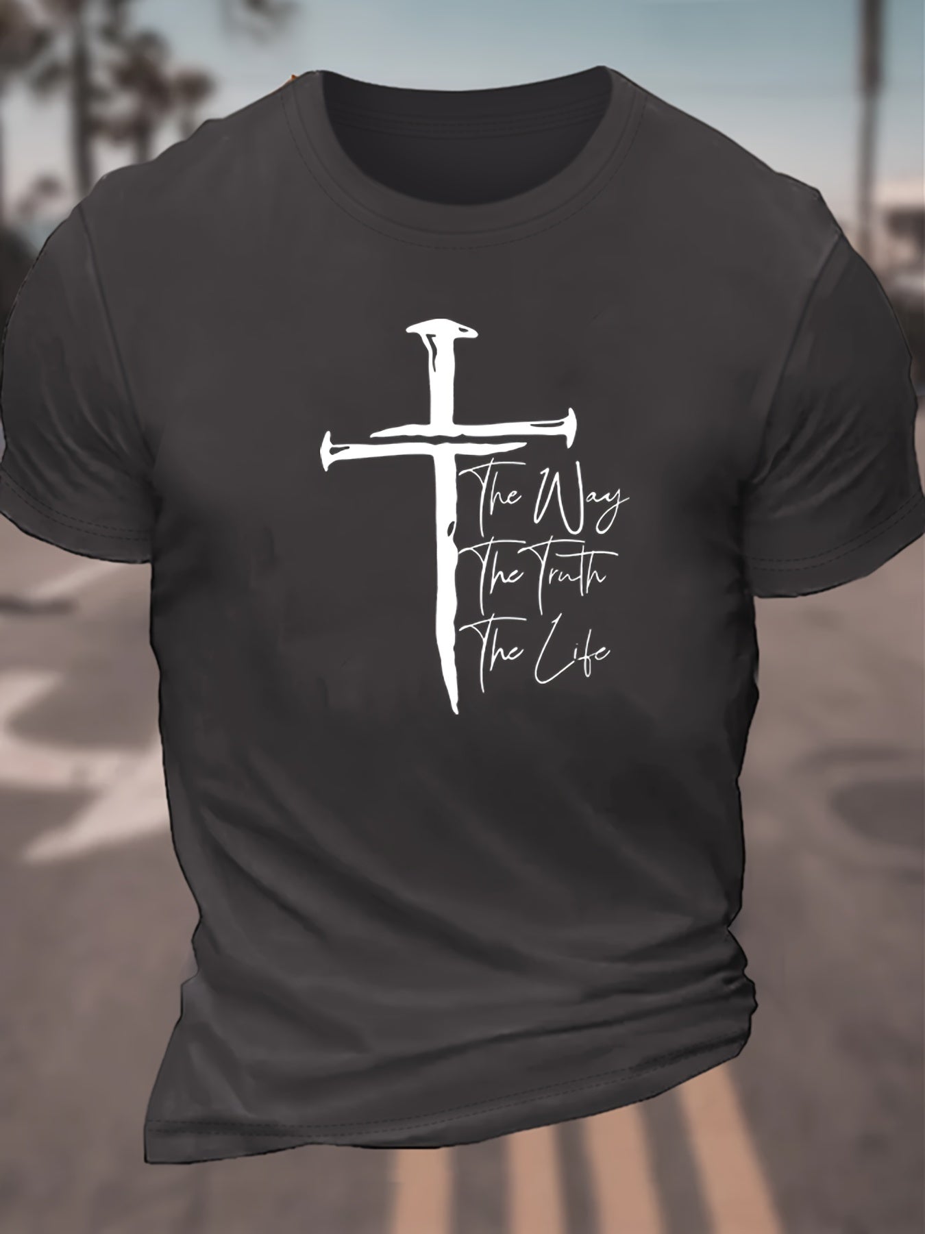 Creative Christian Cross Graphic Print Casual Crew Neck Short Sleeve T-shirt For Men, Comfy Casual Summer T-Shirt For Daily Wear Work Out And Vacation Resorts