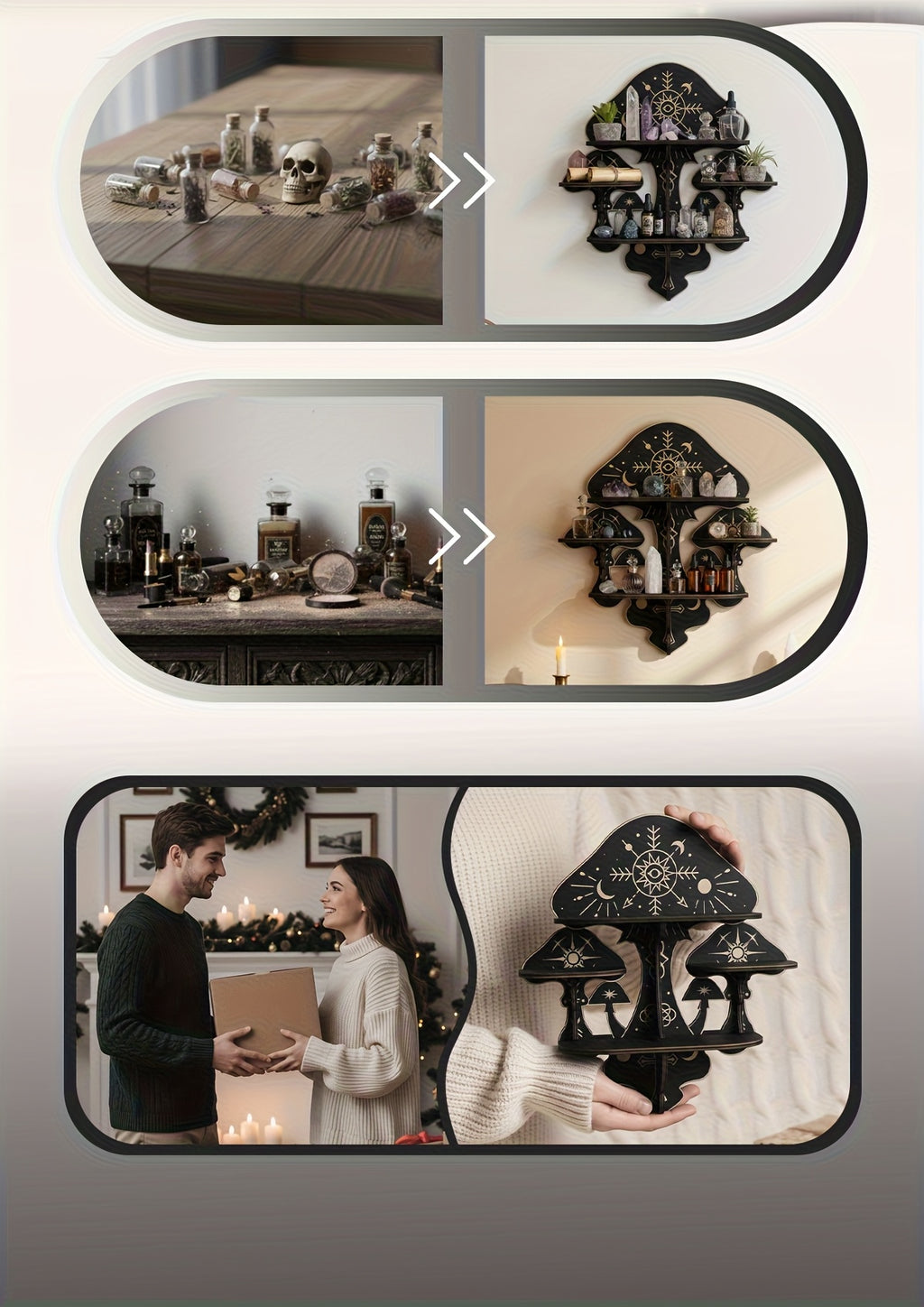 Wooden Mushroom Floating Shelves, Crystal Display Shelf for Wall, Wiccan Incantation Mushroom Wall Decor,  Gem Stone Storage Organizer, Essential Oil Holder Hanging Case, Meditation Art Spiritual Gift