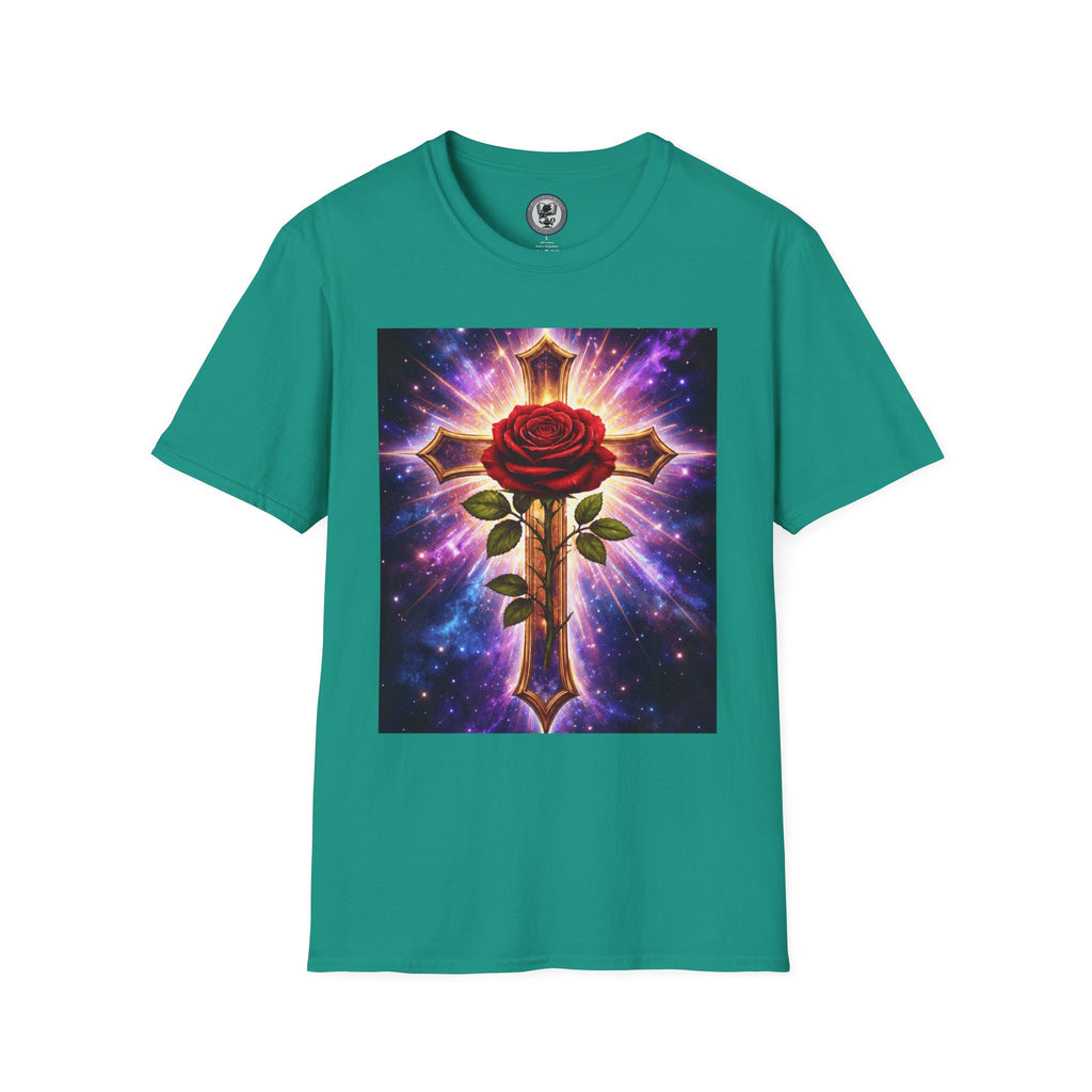 Cosmic Rose Cross T-Shirt — Rosicrucian Spiritual Floral Cross Graphic Tee